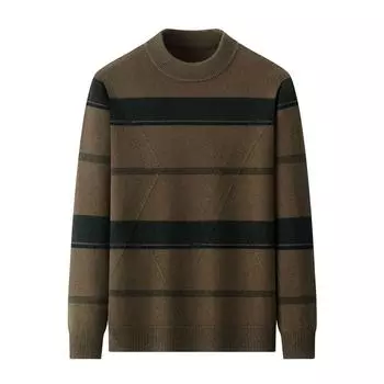 Осенне-зимний теплый шерстяной свитер 100% с круглым вырезом в полоску для мужчин среднего возраста, вязаный свитер, свободный повседневный шерстяной свитер с низом M