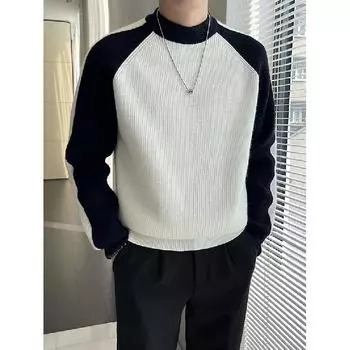 Осенне-зимний теплый свитер с высоким воротом, мужской, корейский, классический, винтажный, рукав реглан, контрастный цвет, пуловер, нижняя часть, рубашка, свитер для мужчин M чёрный