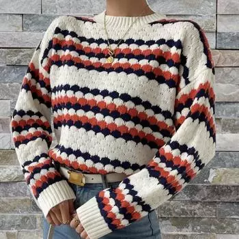 Осенне-зимний теплый трикотаж, свитер, модный цветной толстый пуловер с длинными рукавами, винтажные топы в полоску с круглым вырезом Sueter 28484 S орион