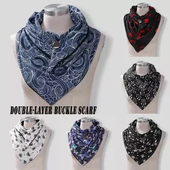 Осенне-зимний теплый ветрозащитный двухслойный шарф с пряжкой и листьями и принтами бабочек разноцветный