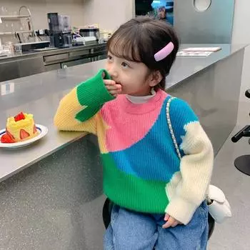 Осенне-зимний теплый вязаный свитер для девочек, пуловер с круглым вырезом, содержащий хлопок, милая куртка 140 разноцветный