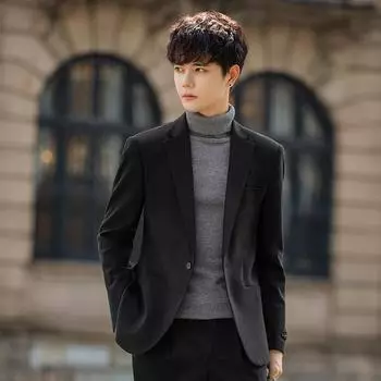 Осенне-зимний толстый шерстяной костюм повседневный ретро темно-серый модный одинарный западный деловой приталенный не требующий глажки Advanced Sense S чёрный