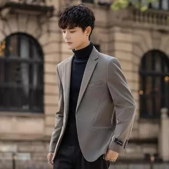 Осенне-зимний толстый шерстяной костюм повседневный ретро темно-серый модный одинарный западный деловой приталенный не требующий глажки Advanced Sense S