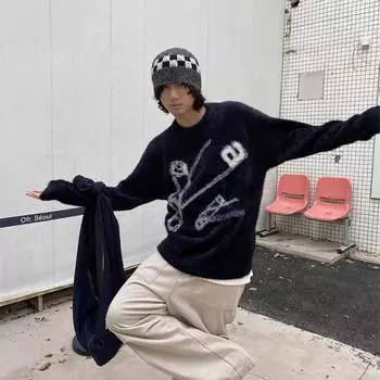 Осенне-зимний толстый свитер для мужчин в корейском стиле, модный свободный японский вязаный свитер, зимнее пальто в гонконгском стиле с ленивой нитью M чёрный