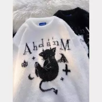 Осенне-зимний толстый свитер мужской модный свободный японский вязаный свитер зимняя повседневная куртка из ниток M чёрный