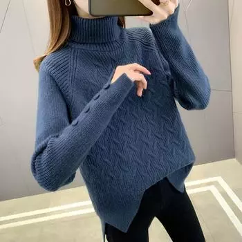 Осенне-зимний толстый теплый вязаный свитер с высоким воротом, женский свободный облегающий пуловер, женские свитера, элегантные однотонные модные женские повседневные джемперы 25272 One Size бежевый