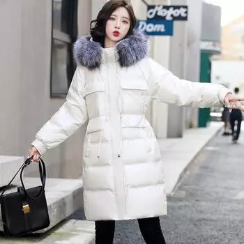 Осенне-зимний тонкий пуховик для женщин, пуховик средней длины с большим воротником и утолщенной курткой S чёрный