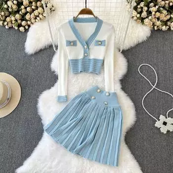 Осенне-зимний тонкий вязаный свитер с v-образным вырезом контрастного цвета, топ с высокой талией, плиссированная юбка трапециевидной формы, модный комплект из двух предметов