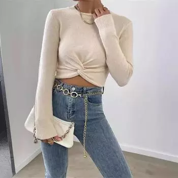 Осенне-зимний тонкий женский модный однотонный универсальный круглый вырез свитер с перекрестной вязкой L абрикосовый