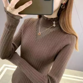 Осенне-зимний топ, базовая рубашка, кружевной лоскутный свитер с полувысоким воротником, женский облегающий свитер из мягкой и липкой вязки S белый