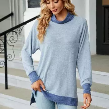 Осенне-зимний топ для женщин с контрастным шейным воротником, свободная футболка с длинными рукавами и разрезом S чёрный