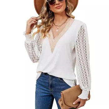 Осенне-зимний топ для женщин с v-образным вырезом, кружевная лоскутная свободная футболка с длинным рукавом S чёрный