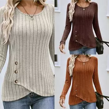 Осенне-зимний топ с длинными рукавами и круглым вырезом, женская мода, повседневная, нестандартная, однотонная, в уличном стиле, с пуговицами, футболка, новая S чирковый