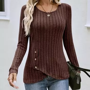 Осенне-зимний топ с длинными рукавами и круглым вырезом, женская мода, повседневная, нестандартная, однотонная, в уличном стиле, с пуговицами, футболка, новая M абрикосовый