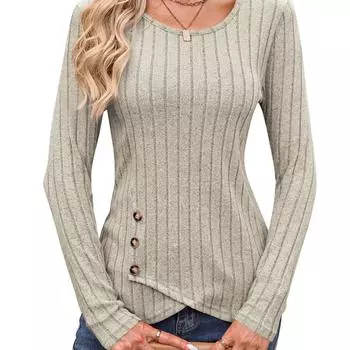Осенне-зимний топ с длинными рукавами и круглым вырезом, женская мода, повседневная, нерегулярная, однотонная, в уличном стиле, с пуговицами, футболка XS