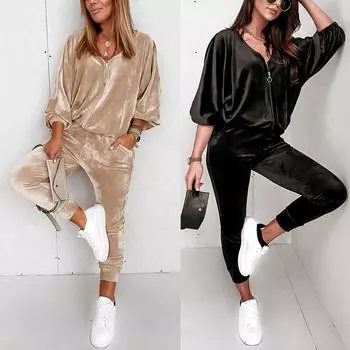 Осенне-зимний топ с длинными рукавами на молнии + брюки Золотой бархатный однотонный повседневный женский костюм L миндальный