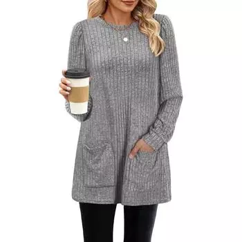 Осенне-зимний топ с карманом, свободная повседневная футболка с круглым вырезом и рукавами-пузырьками для женщин S чёрный