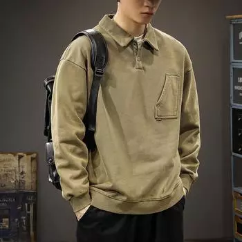 Осенне-зимний тяжелый ретро-свитер-поло с отворотами, мужской свободный, большого размера, американский повседневный, модный бренд Ralph Law S армия зеленый