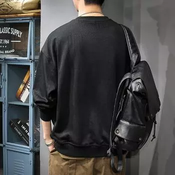 Осенне-зимний тяжелый жаккардовый свитер, мужской, американский, ретро, свободный, большого размера, нижняя рубашка, бархатный топ с круглым вырезом M чёрный