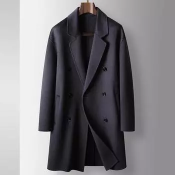 Осенне-зимний тренчкот из 100% шерсти, молодежная деловая двухсторонняя теплая повседневная куртка без кашемира 165 чёрный