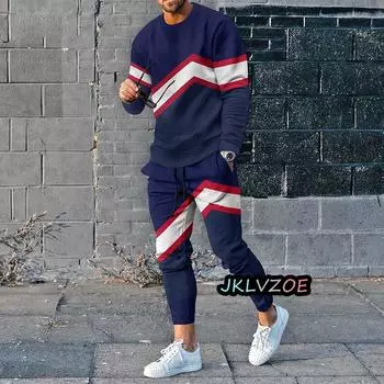 Осенне-зимний тренд Мужская одежда 3D-принт Комплекты с длинными рукавами Футболки Брюки Костюмы Мужские спортивные костюмы Спортивная одежда для бега 2 шт. Наряды S