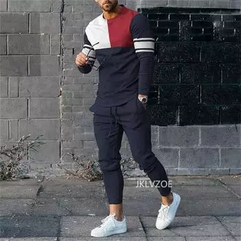 Осенне-зимний тренд Мужская одежда 3D-принт Комплекты с длинными рукавами Футболки Брюки Костюмы Мужские спортивные костюмы Спортивная одежда для бега 2 шт. Наряды S