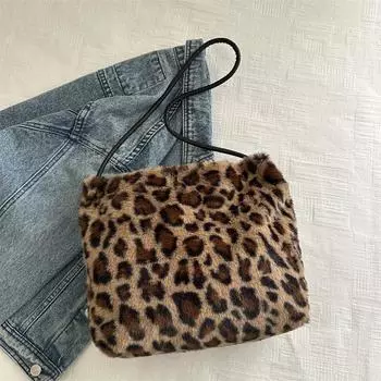 Осенне-зимний тренд Плюшевая сумка с леопардовым принтом Повседневная женская сумка Персонализированная универсальная сумка через плечо Ленивый ветер Плюшевая сумка-тоут Женская коричневый