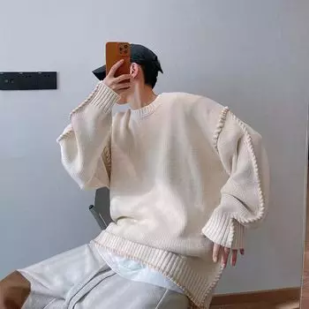 Осенне-зимний трендовый американский свитер свободного кроя в стиле ретро бежевого цвета с ленивыми кисточками и круглым вырезом M