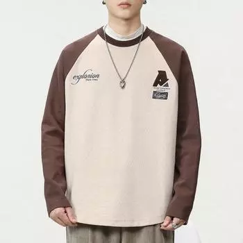 Осенне-зимний трендовый брендовый свитер с принтом из пены 80G, плотный свитер с длинными рукавами, мужская свободная рубашка большого размера с круглым вырезом и изогнутым подолом, осень M бежевый