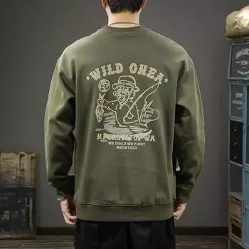 Осенне-зимний трендовый брендовый тяжелый ретро мужской свитер с круглым вырезом из толстого хлопка, свободный, большого размера, американский уличный принт с длинными рукавами S тёмно-синий