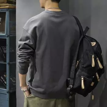 Осенне-зимний трендовый британский повседневный свитер с круглым вырезом, мужская свободная куртка большого размера из чистого хлопка в стиле ретро с длинными рукавами M чёрный