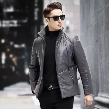 Осенне-зимний трендовый мужской пуховик, высококачественная короткая утолщенная теплая кожаная куртка первого слоя из коровьей кожи L чёрный