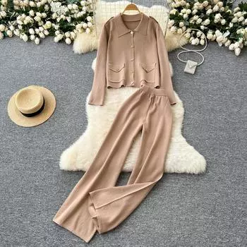 Осенне-зимний трикотажный комплект из 2 предметов, женский однобортный пиджак и широкие брюки, женский свитер, спортивный костюм One Size хаки