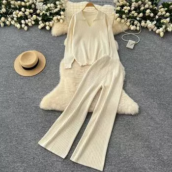 Осенне-зимний трикотажный комплект из двух предметов: женские топы с лацканами, свитер и широкие брюки, спортивный костюм One Size абрикосовый