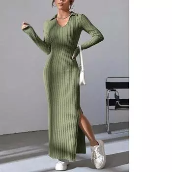 Осенне-зимний трикотажный облегающий боди с длинными рукавами и лацканами, однотонный, длинная юбка 2XL чёрный