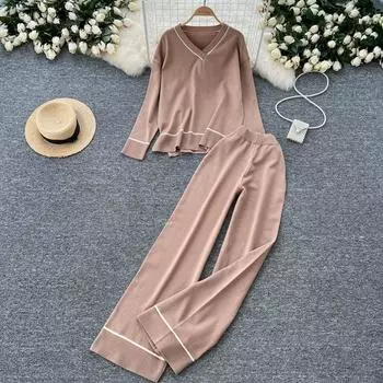 Осенне-зимний трикотажный свитер, брюки, комплект из двух предметов, женский свитер с V-образным вырезом, топы и широкие брюки, спортивный костюм One Size хаки