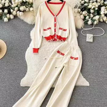 Осенне-зимний трикотажный свитер, брюки, комплект, женская куртка с длинным рукавом, пальто, эластичные широкие брюки, спортивный костюм One Size чёрный