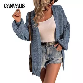 Осенне-зимний трикотажный свитер средней длины, женский кардиган больших размеров с однотонным принтом и рукавами-фонариками