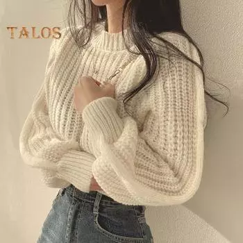 Осенне-зимний трикотажный топ с круглым вырезом, длинным рукавом, однотонный свободный покрой, повседневный топ с ребристым краем, пуловер, свитер чёрный