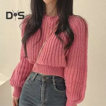 Осенне-зимний трикотажный топ с круглым вырезом, длинным рукавом, однотонный свободный покрой, повседневный топ с ребристым краем, пуловер, свитер бежевый