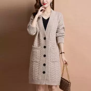 Осенне-зимний трикотажный жакет свободного покроя большого размера для женщин средней длины свитер кардиган верхняя одежда для женщин XS абрикосовый