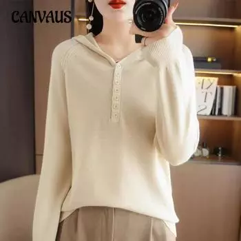 Осенне-зимний трикотажный женский свитер с капюшоном, полузавязанный на пуговицах, пуловер с длинным рукавом, однотонный повседневный низ и верх S бежевый