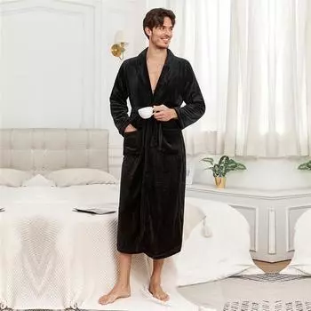 Осенне-зимний удлиненный халат с лацканами, пижама, ночная рубашка, утолщенная, теплая, удобная, фланелевая одежда для мужчин S чёрный
