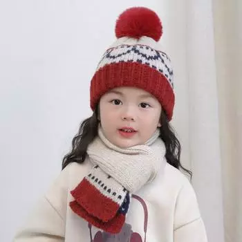Осенне-зимний утепленный детский комплект шапки, утеплитель для ушей, комплект из двух предметов: вязаная шерстяная шапка и шарф для мальчиков и девочек