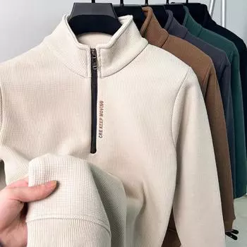 Осенне-зимний утепленный свитер для улицы, мужская повседневная футболка с длинными рукавами и воротником-стойкой, нижняя часть рубашки, топы, большие размеры XXXL чёрный