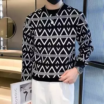 Осенне-зимний утепленный свитер, мужской модный свободный свитер в корейском стиле с ромбами Winterins, ленивый свитер, пальто, мужской свитер M чёрный