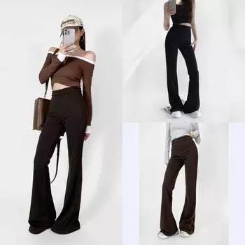 Осенне-зимний утолщенный черный костюм эластичные расклешенные брюки с высокой талией простые универсальные повседневные брюки женские XS чёрный