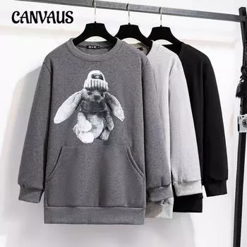 Осенне-зимний утолщенный и подбитый свободный однотонный пуловер с круглым вырезом, модный повседневный женский пуловер больших размеров с длинными рукавами XL чёрный