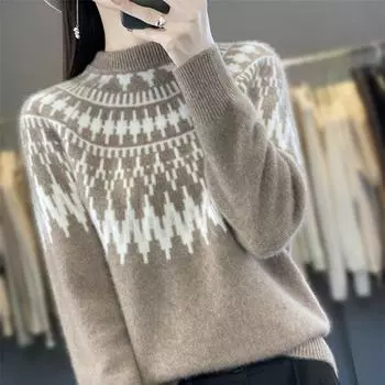 Осенне-зимний утолщенный свитер для женщин с полувысоким воротником, свободный внешний трикотажный свитер с длинными рукавами, внутренняя жаккардовая нижняя часть рубашки S бежевый