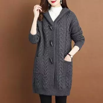 Осенне-зимний утолщенный свитер, вязаный внешний женский кардиган, пальто средней длины с капюшоном большого размера M темно-серого